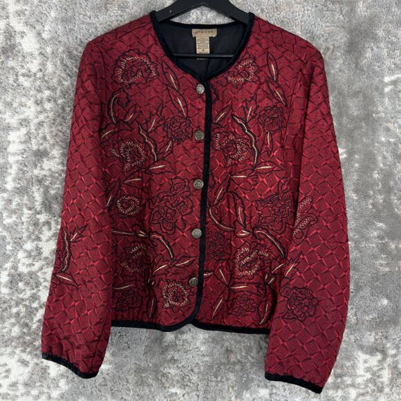 Choices Womens Size M Floral Embroidered Geometric Blazer Jacket Red Long Sleeve - Picture 1 of 8